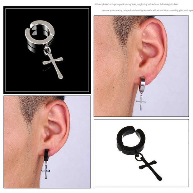 Non-Pierced Cross Zircon Magnet Titanium Steel Stud Earring For Men